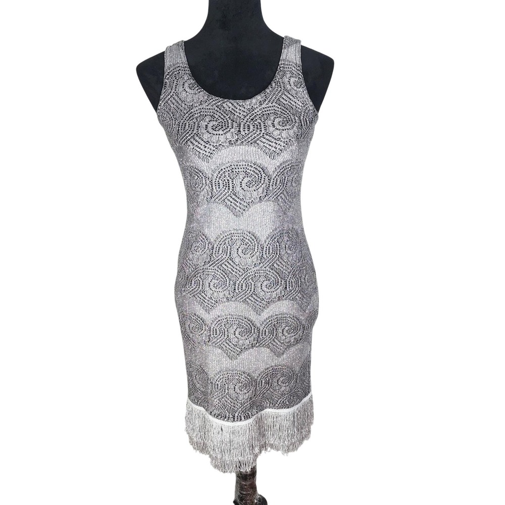 USA Vtg 90s STREET CODE Size Medium Tasseled Silver Lurex Knit Bodycon Dress EUC